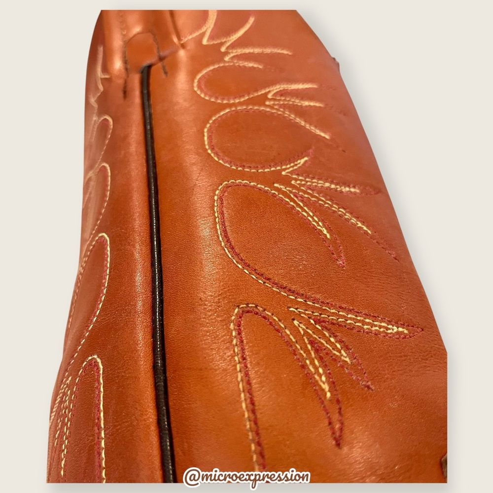 1980 VINTAGE Frye Leather Cognac Tree Art Embroidered Cowboy Heeled Western Boot - Picture 7 of 11